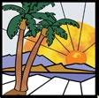 A stained glass panel with palm trees and a sunset.